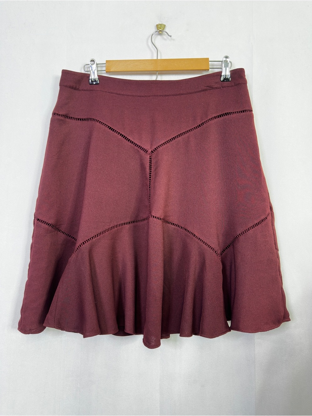 Ann Taylor Midi Skirt Ruffle Burgundy Wine Ladder Cutout 12 Womens Wavy Hem Work